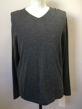 NIEMAN MARCUS, Gray, Cashmere, Solid, V-neck, Long Sleeves,