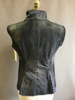 Womens, Sci-Fi/Fantasy Vest, NO LABEL, Black, Gray, Leather, 36, Zip Front, Mock Neck, Vertical Line Quilting At Sides,
