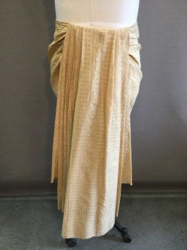 Mens, Historical Fiction Skirt, N/L, Tan Brown, Gold, Polyester, Stripes - Horizontal , Abstract , W:32, Stripe and Swirled/Abstract Pattern Brocade, Egyptian Loincloth/Skirt, Hem Mid-calf,  Pleated Drape at Front with Velcro Closure at Waist, Hidden Hook & Eye Closures Underneath