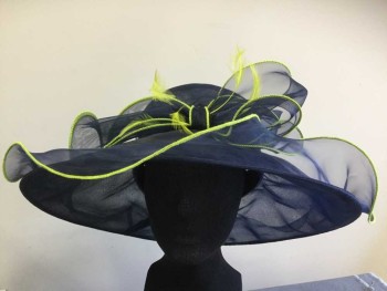 Womens, Hat , SCALA PRONTO, Navy Blue, Neon Yellow, Synthetic, Feathers, Solid, 23", Navy Netting and Organza Edged in Neon Yellow, with Bow and Trimmed Feathers