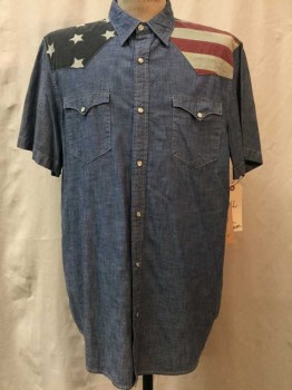 DENIM & SUPPLY, Blue, Red, White, Navy Blue, Cotton, Heathered, Novelty Pattern, Heather Blue, American Flag Print Yolk, Snap Front, Collar Attached, Short Sleeves, 2 Flap Pockets
