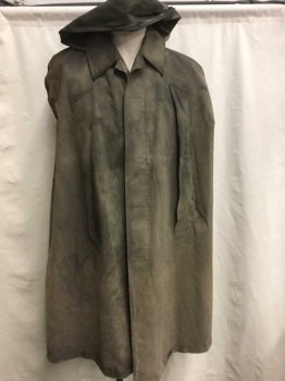 Unisex, Sci-Fi/Fantasy Cape/Cloak, N/L, Brown, Lt Brown, Gray, Cotton, Nylon, Solid, Tie-dye, O/S, Dusty Brown Twill with Dark Brown/Gray Mottled Dye, Fashioned/Repurposed From Trench Coat, Button Front, Collar Attached, Hooded, Weather Proof Gray Plaid Lining, Arm Holes At Sides, Dirty/Aged