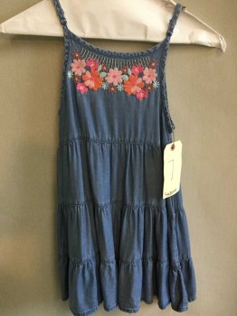 Childrens, Dress, Gymboree, Blue, Salmon Pink, Pink, Lt Pink, Aqua Blue, Cotton, Solid, Floral, 7, Girls Sleeveless, Sleevless 3 Tiered Skirt with Embroidered Floral Detail, See Photo Attached,