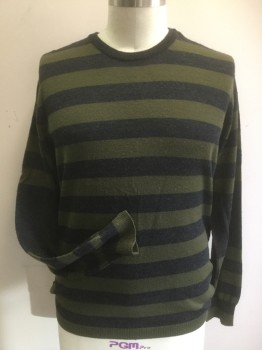 JUICY COUTURE, Olive Green, Charcoal Gray, Wool, Stripes - Horizontal , Crew Neck, Long Sleeves, Sleeve Has Wide Stripe at Elbow, Back Has Purl '74'