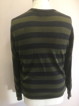 JUICY COUTURE, Olive Green, Charcoal Gray, Wool, Stripes - Horizontal , Crew Neck, Long Sleeves, Sleeve Has Wide Stripe at Elbow, Back Has Purl '74'