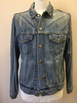 Mens, Jean Jacket, LEVI'S, Lt Blue, Cotton, Solid, L, Button Front, Long Sleeves, Collar Attached, 4 Pockets, Back Waist Tabs, Aged