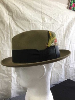 Mens, Homburg, DOBB'S, Lt Brown, Black, Wool, Solid, 7 3/8, Lt Brown with Black Gross Grain Ribbon Hat Band, Yellow Green & Red Feather Plume, See Photo Attached,