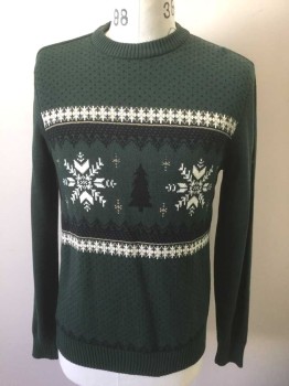 DOCKERS, Dk Green, Black, Cream, Beige, Cotton, Novelty Pattern, Dots, Dark Green with Snowflakes, Christmas Trees, and Dots Pattern Knit, Long Sleeves, Crew Neck