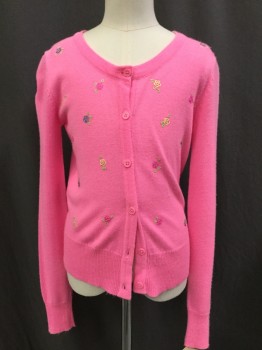 Childrens, Cardigan Sweater, CHEROKEE, Neon Pink, Yellow, Green, Blue, Acrylic, Sequins, Solid, Floral, 7/8, Crew Neck, Button Front, Long Sleeves, Small Sequin Flower Applique, Front