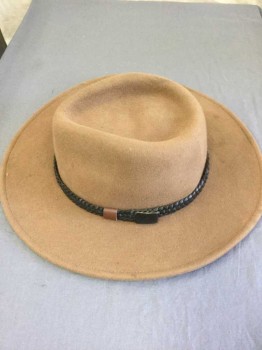 NL, Lt Brown, Black, Wool, Polyester, Solid, Light Brown Felt with Black Braided Leather Hat Band, Wide Brim