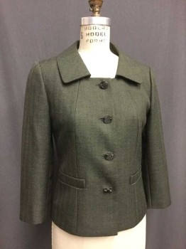 ANTONIO MELANI, Olive Green, Polyester, Herringbone, Heathered, 4 Buttons Single Breasted, Collar Attached, 2 Pockets, Hematite Buttons. 3/4 Length Sleeves