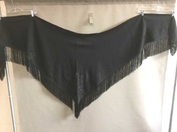 Womens, Shawl 1890s-1910s, N/L, Black, Wool, Cotton, Solid, Solid Black Triangular Shape with Black Passementarie Swirled Appliqués, Fringe Ends, **Mended in One Spot,
