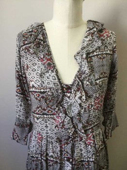 TYSA, White, Brown, Red, Pink, Green, Rayon, Geometric, Loose Fitting Dress, Button Front, Ruffled Neckline, 3/4 Sleevles