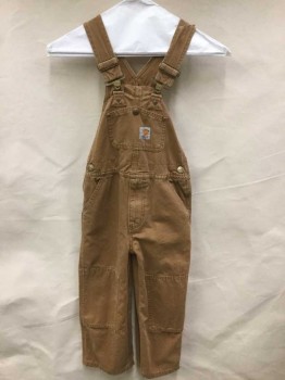 Childrens, Overalls, CARHARTT, Lt Brown, Cotton, Solid, 5, Light Faded Brown, 1 Side Brass Button, Self Patch Knee