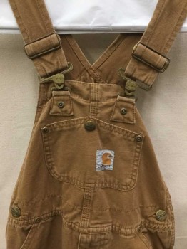 Childrens, Overalls, CARHARTT, Lt Brown, Cotton, Solid, 5, Light Faded Brown, 1 Side Brass Button, Self Patch Knee
