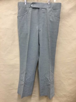 Mens, 1970s Vintage, Suit, Pants, LE BARON, Lt Blue, White, Polyester, Heathered, Flat Front, Zip Front, Button Tab, Boot Cut,