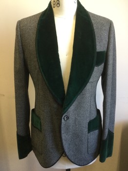 Mens, Smoking Jacket, DOLCE & GABBANA, Lt Gray, Black, Dk Green, Wool, Cotton, Birds Eye Weave, Solid, 38S, Single Breasted, 1 Button, Velvet Green Shawl Lapel with Black Cording Trim, 3 Patch Pockets and Cuffs with Velvet and Cording
