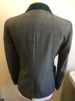 Mens, Smoking Jacket, DOLCE & GABBANA, Lt Gray, Black, Dk Green, Wool, Cotton, Birds Eye Weave, Solid, 38S, Single Breasted, 1 Button, Velvet Green Shawl Lapel with Black Cording Trim, 3 Patch Pockets and Cuffs with Velvet and Cording