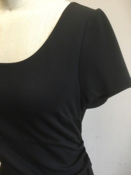 DVF, Black, Viscose, Nylon, Solid, Short Sleeves, Scoop Neck, Gathered at One Side Seam at Bust/Waist, Invisible Zipper at Side, Hem Above Knee
