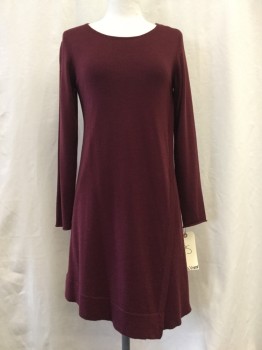 EILEEN FISHER, Red Burgundy, Wool, Solid, Round Neck,  Side Slit with Ribbed Detail,