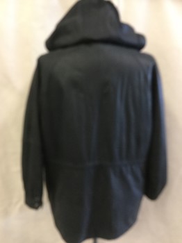 Mens, Coat, Leather, ROBERT COMSTOCK, Black, Leather, Polyester, Solid, 38, Black with Black Diamond Quilt Lining, Collar Attached,  with Hood, 3/4 Length, Raglan Long Sleeves, 3 Button Front & Zip Front, 4 Pockets ( 2 with Flap), D-string Waist, ( White Paint Stained on Right Cuff)