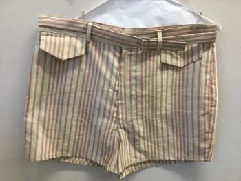 Mens, Swim Suit, MTO, Khaki Brown, Rose Pink, Silk, Stripes, W34, Swimming Trunks. Zip Fly, 2 Faux Pocket Flaps with Self Belt with Silver Buckle