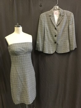 TOCCA, Off White, Black, Gray, Rayon, Polyester, Plaid, Plaid-  Windowpane, Dress:  Off White/black/gray Windowpane Plaid, with Off White Lining, Strapless, Fitted, Zip Back, Bottom Right Side Split with Matching Jacket