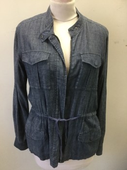 CLUB MONACO, Dusty Blue, Lt Gray, Cotton, Polyester, 2 Color Weave, Zip Front, Drawstring Waist, 4 Camp Pockets, Band Collar with Snap,