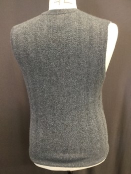 RESERVE, Gray, Cashmere, Heathered, V. Neck Sweater Vest with Herringbone and Stripe Knit Pattern