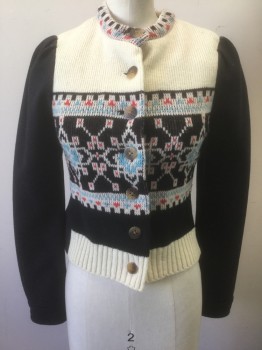 ELEVENSES, Navy Blue, Cream, Lt Blue, Red, Wool, Polyester, Solid, Geometric, Dark Navy (Nearly Black) Felted Wool Long Sleeves and Back, Front is Cream Knit with Navy/Light Blue/Red Snowflakes/Geometric Pattern, 7 Tortoiseshell Buttons at Front, High Crew Neck, Mauve Lining