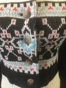 ELEVENSES, Navy Blue, Cream, Lt Blue, Red, Wool, Polyester, Solid, Geometric, Dark Navy (Nearly Black) Felted Wool Long Sleeves and Back, Front is Cream Knit with Navy/Light Blue/Red Snowflakes/Geometric Pattern, 7 Tortoiseshell Buttons at Front, High Crew Neck, Mauve Lining