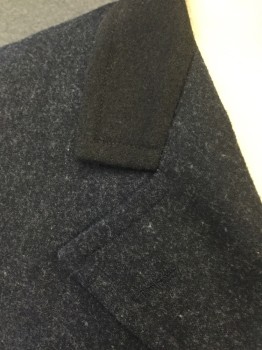 Mens, Coat 1890s-1910s, MTO, Navy Blue, Wool, Rayon, Heathered, Solid, 40, Double Breasted, Heathered Navy Wool Coat with Black Collar, 1 Welt Pocket, 3 Pockets with Flaps, Slit Center Back,