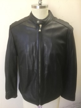 MARC NEW YORK, Black, Leather, Solid, Zip Front, Stand Collar, 2 Welt Pockets