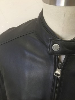 MARC NEW YORK, Black, Leather, Solid, Zip Front, Stand Collar, 2 Welt Pockets