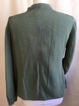 Mens, Jacket, N/L (MTO), Olive Green, Cotton, Polyester, Solid, XL, Shinny Dark Green Lining, Mandarin/Nehru Collar, Wrap Around with Side Velcro, a Wedge Cross Over Chess with Velcro Closure, Long Sleeves with Elastic Cuffs, Uneven Hem
