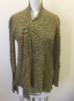 N/L MTO, Ochre Brown-Yellow, Olive Green, Synthetic, Mottled, Smocked Crinkled Stretchy Material, Long Sleeves, High Neckline with Wrapped Closure at Front, Hidden Snaps, Gold Metal "Button" with Hanging Olive Tassles, Lime Seed Beads at Edges, Asymmetric Raw Hemline, Made To Order