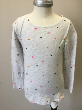 Childrens, Top, H&M, Heather Gray, Multi-color, Cotton, Elastane, Heathered, Stars, 6/8 Y, Girl's Tee, Heather Gray with Hot Pink, Black, Light Pink and Gold Metallic Stars Pattern, Jersey, Long Sleeves, Crew Neck
