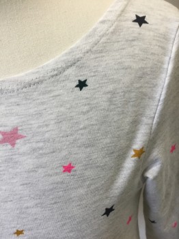 Childrens, Top, H&M, Heather Gray, Multi-color, Cotton, Elastane, Heathered, Stars, 6/8 Y, Girl's Tee, Heather Gray with Hot Pink, Black, Light Pink and Gold Metallic Stars Pattern, Jersey, Long Sleeves, Crew Neck