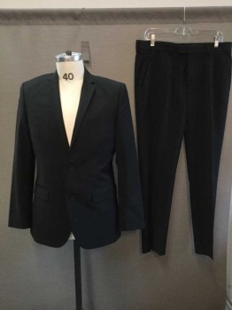 H&M, Black, Wool, Synthetic, Solid, Notched Lapel, 2 Buttons,