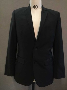 H&M, Black, Wool, Synthetic, Solid, Notched Lapel, 2 Buttons,
