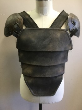 Mens, Sci-Fi/Fantasy Piece 1, MTO, Black, Brown, Tan Brown, Leather, Polyester, Mottled, Small, Aged/Distressed, Painted Canvas Covered Leather Panels Front Only, 2 Side Straps with Velcro Attach in Back, Webbing Shoulder Straps Have Velcro Flaps for Shoulder Pads That Also Attach to Front and Back on Shoulder Straps