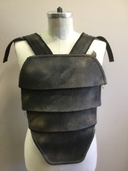 Mens, Sci-Fi/Fantasy Piece 1, MTO, Black, Brown, Tan Brown, Leather, Polyester, Mottled, Small, Aged/Distressed, Painted Canvas Covered Leather Panels Front Only, 2 Side Straps with Velcro Attach in Back, Webbing Shoulder Straps Have Velcro Flaps for Shoulder Pads That Also Attach to Front and Back on Shoulder Straps