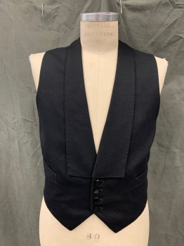 Mens, 1930s Vintage, Formal Vest, MTO / COSPROP, Black, Wool, Solid, 40R, Single Breasted, 4 Buttons, Lapel, 2 Pockets, Satin Back with Self Back Belt,