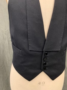 Mens, 1930s Vintage, Formal Vest, MTO / COSPROP, Black, Wool, Solid, 40R, Single Breasted, 4 Buttons, Lapel, 2 Pockets, Satin Back with Self Back Belt,