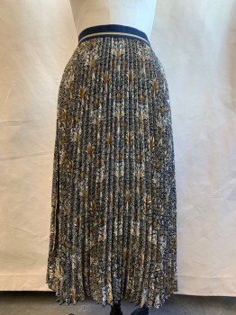 MORRIS & CO + H&M, Navy Blue, Gray, White, Brown, Polyester, Floral, Novelty Pattern, Accordion Pleated, Navy & Brown Stripped Elastic Waist