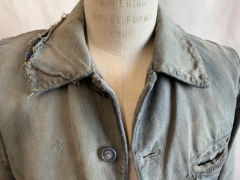 Mens, Historical Fiction Jacket, FOX 5755, Lt Olive Grn, Cotton, Solid, 34, (Aged/distressed) Frayed Collar Attached & 1 Pocket Trim & Long Sleeves Cuffs,  Button Front, Cropped Front & Long Back with Split Center Bottom,