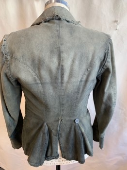 Mens, Historical Fiction Jacket, FOX 5755, Lt Olive Grn, Cotton, Solid, 34, (Aged/distressed) Frayed Collar Attached & 1 Pocket Trim & Long Sleeves Cuffs,  Button Front, Cropped Front & Long Back with Split Center Bottom,
