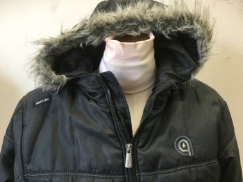 Womens, Coat, Winter, AKDMKS, Black, Gray, Polyester, Solid, M, Zip Front, Puffy, Faux Fur at Hood Edge