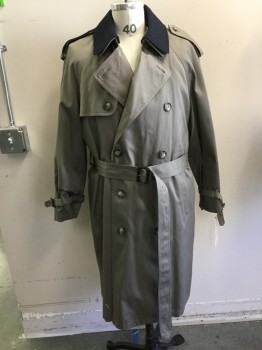 RALPH LAUREN, Taupe, Navy Blue, Cotton, Polyester, Solid, Double Breasted, Collar Attached, 2 Pockets, Self Belt, Removable Liner, 2PC, Navy Wool Lined Collar, Epaulets,
