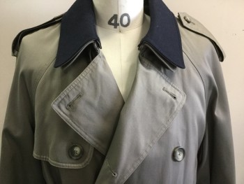 RALPH LAUREN, Taupe, Navy Blue, Cotton, Polyester, Solid, Double Breasted, Collar Attached, 2 Pockets, Self Belt, Removable Liner, 2PC, Navy Wool Lined Collar, Epaulets,
